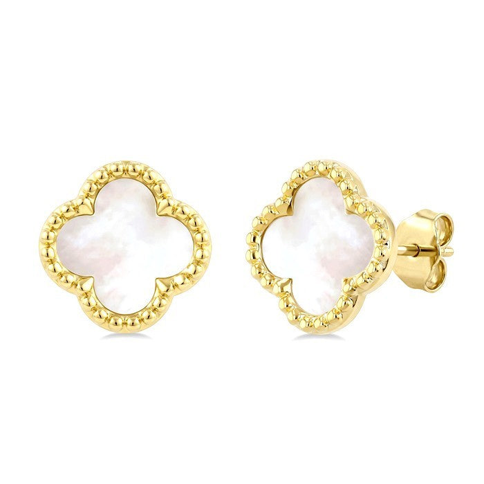 10 MM Mother of Pearl Bead Clover Halo Earrings in 14K Yellow Gold