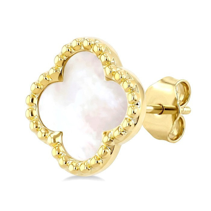 10 MM Mother of Pearl Bead Clover Halo Earrings in 14K Yellow Gold