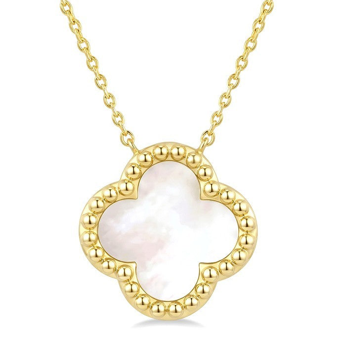 12 MM Mother of Pearl Bead Clover Halo Pendant With Chain in 14K Yellow Gold