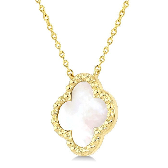12 MM Mother of Pearl Bead Clover Halo Pendant With Chain in 14K Yellow Gold