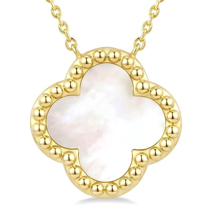 12 MM Mother of Pearl Bead Clover Halo Pendant With Chain in 14K Yellow Gold