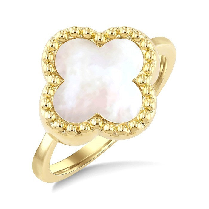 12 MM Mother of Pearl Bead Clover Halo Ring in 14K Yellow Gold