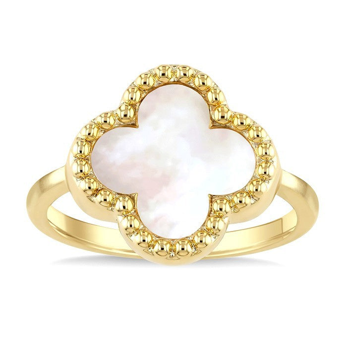 12 MM Mother of Pearl Bead Clover Halo Ring in 14K Yellow Gold