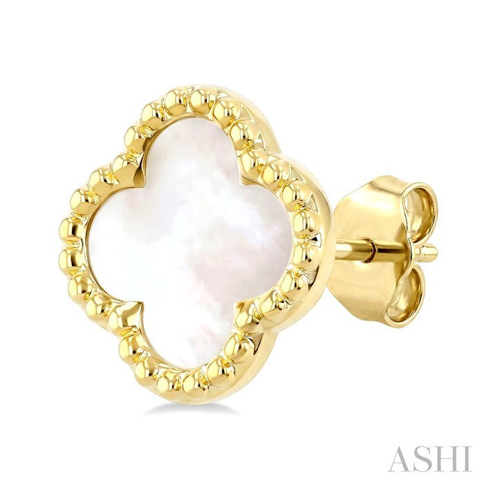 10 MM Mother of Pearl Bead Clover Halo Earrings in 14K Yellow Gold