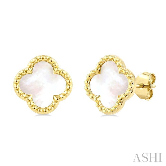 10 MM Mother of Pearl Bead Clover Halo Earrings in 14K Yellow Gold