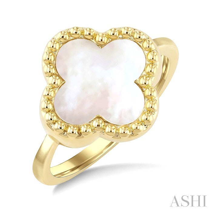 12 MM Mother of Pearl Bead Clover Halo Ring in 14K Yellow Gold