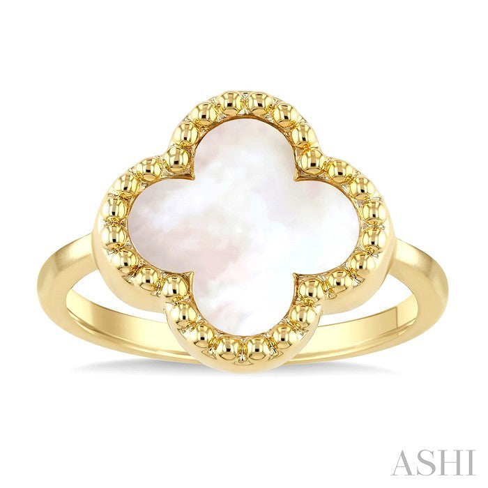 12 MM Mother of Pearl Bead Clover Halo Ring in 14K Yellow Gold