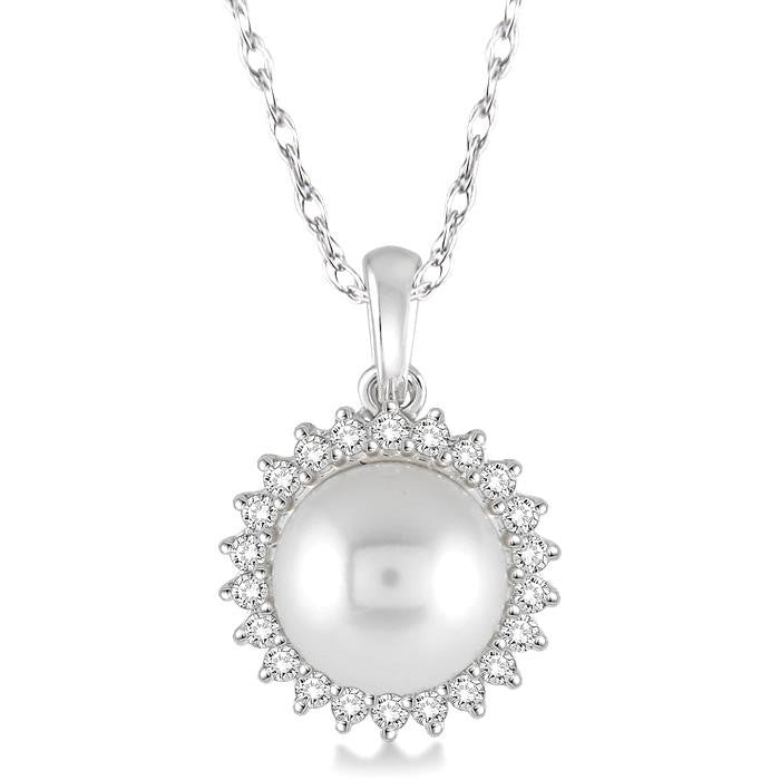 8x8 MM Round Shape Cultured Pearl and 1/5 Ctw Round Cut Diamond Pendant in 14K White Gold with Chain