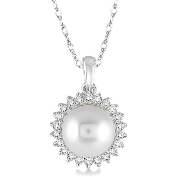 8x8 MM Round Shape Cultured Pearl and 1/5 Ctw Round Cut Diamond Pendant in 14K White Gold with Chain