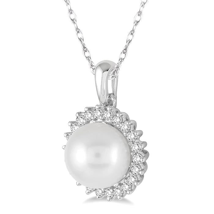 8x8 MM Round Shape Cultured Pearl and 1/5 Ctw Round Cut Diamond Pendant in 14K White Gold with Chain