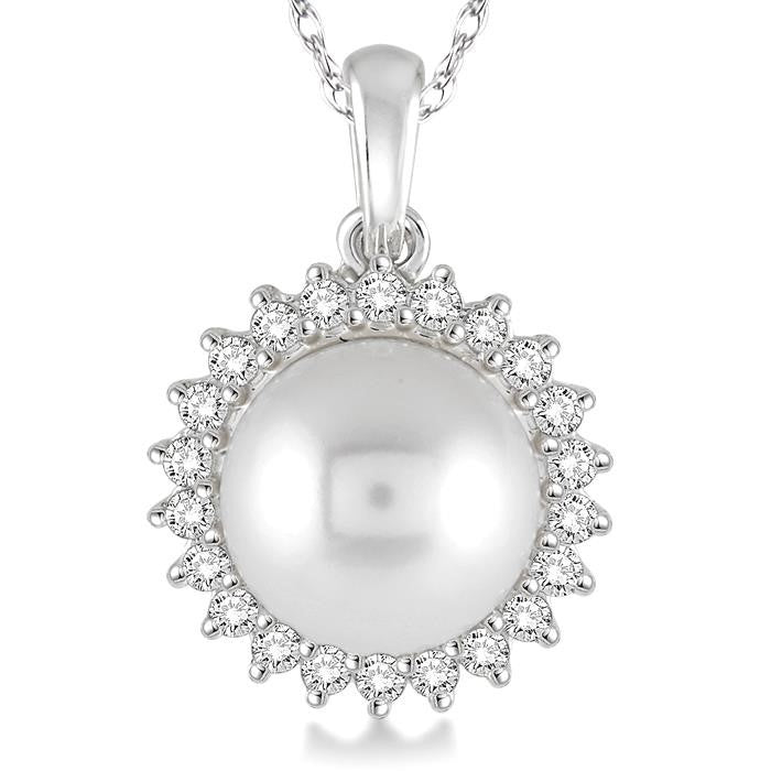 8x8 MM Round Shape Cultured Pearl and 1/5 Ctw Round Cut Diamond Pendant in 14K White Gold with Chain