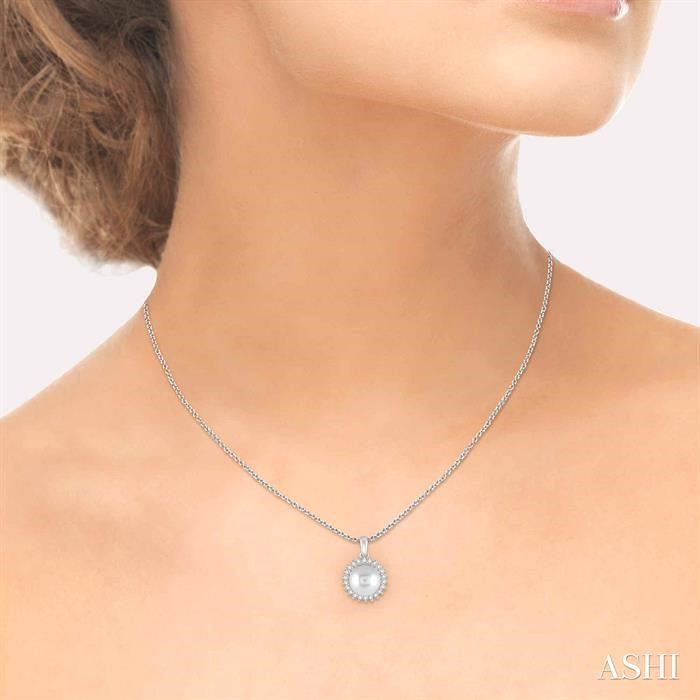 8x8 MM Round Shape Cultured Pearl and 1/5 Ctw Round Cut Diamond Pendant in 14K White Gold with Chain