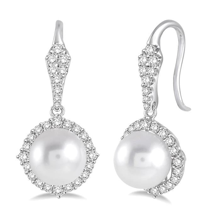 8 MM Cultured Pearls and 5/8 Ctw Round Cut Diamond Earrings in 14K White Gold