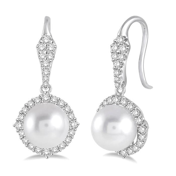8 MM Cultured Pearls and 5/8 Ctw Round Cut Diamond Earrings in 14K White Gold