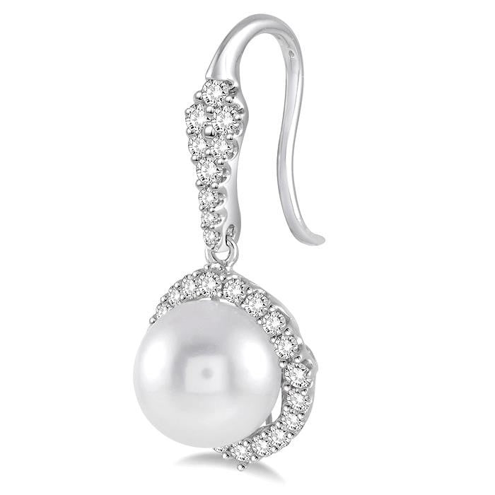 8 MM Cultured Pearls and 5/8 Ctw Round Cut Diamond Earrings in 14K White Gold