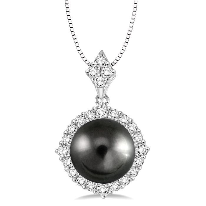 10 MM Black Cultured Pearl and 1/2 Ctw Round Cut Diamond Pendant in 14K White Gold with chain