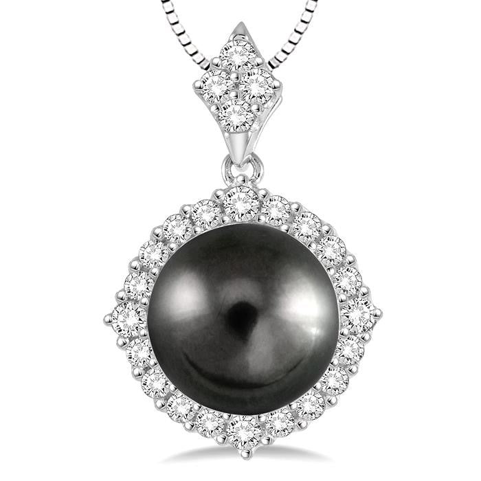 10 MM Black Cultured Pearl and 1/2 Ctw Round Cut Diamond Pendant in 14K White Gold with chain