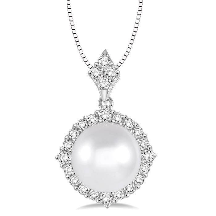 10 MM Cultured Pearl and 1/2 Ctw Round Cut Diamond Pendant in 14K White Gold with chain