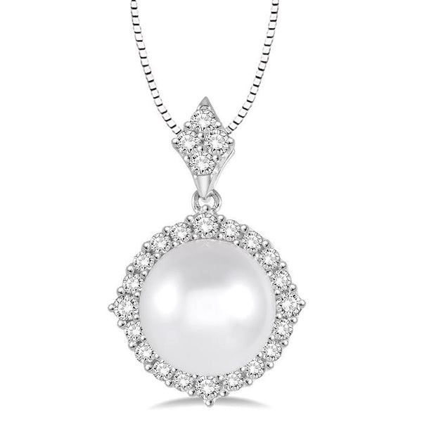 10 MM Cultured Pearl and 1/2 Ctw Round Cut Diamond Pendant in 14K White Gold with chain