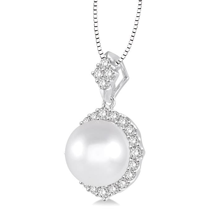 10 MM Cultured Pearl and 1/2 Ctw Round Cut Diamond Pendant in 14K White Gold with chain