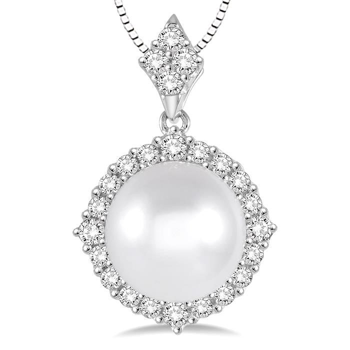 10 MM Cultured Pearl and 1/2 Ctw Round Cut Diamond Pendant in 14K White Gold with chain