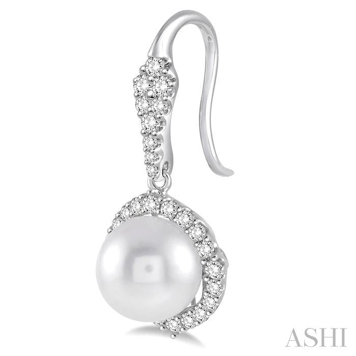 8 MM Cultured Pearls and 5/8 Ctw Round Cut Diamond Earrings in 14K White Gold