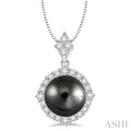 10 MM Black Cultured Pearl and 1/2 Ctw Round Cut Diamond Pendant in 14K White Gold with chain
