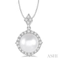 10 MM Cultured Pearl and 1/2 Ctw Round Cut Diamond Pendant in 14K White Gold with chain