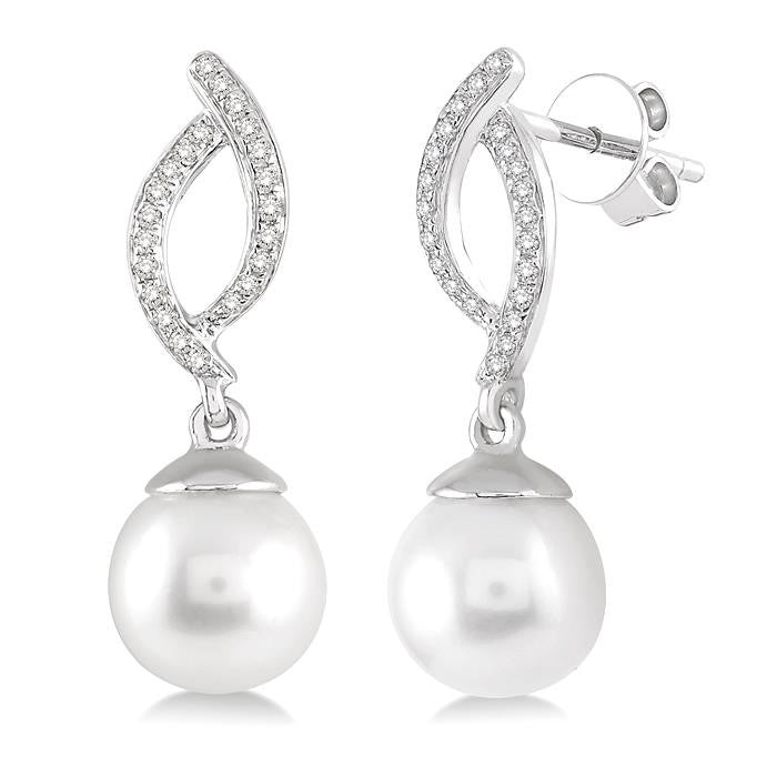 7x7 MM Round Cut Cultured Pearls and 1/6 Ctw Round Cut Diamond Earrings in 14K White Gold