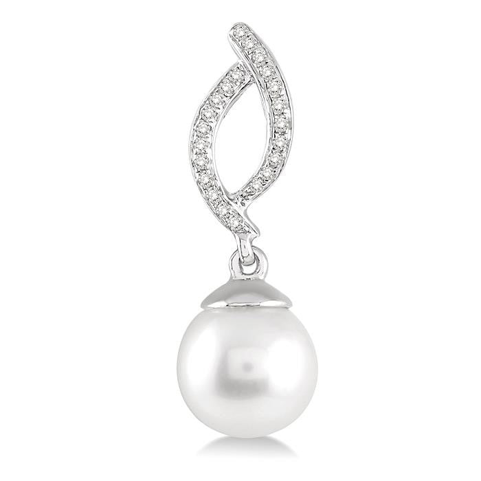 7x7 MM Round Cut Cultured Pearls and 1/6 Ctw Round Cut Diamond Earrings in 14K White Gold