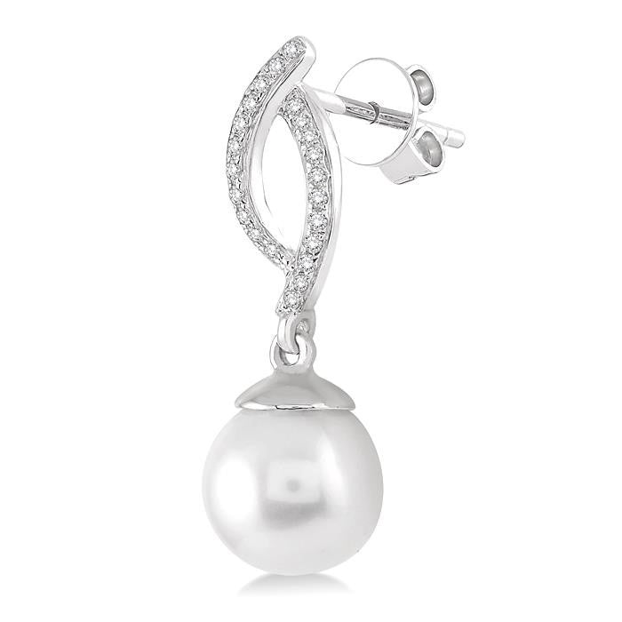 7x7 MM Round Cut Cultured Pearls and 1/6 Ctw Round Cut Diamond Earrings in 14K White Gold