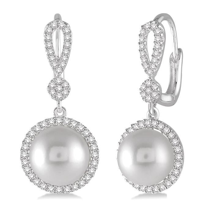 8 MM Cultured Pearls and 1/3 Ctw Round Cut Diamond Earrings in 14K White Gold
