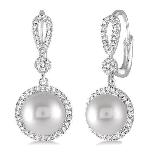 8 MM Cultured Pearls and 1/3 Ctw Round Cut Diamond Earrings in 14K White Gold