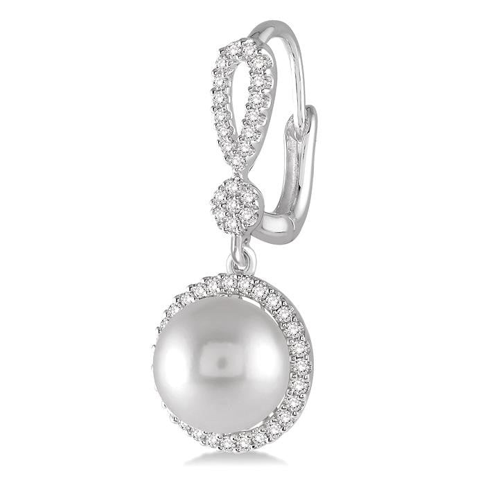 8 MM Cultured Pearls and 1/3 Ctw Round Cut Diamond Earrings in 14K White Gold