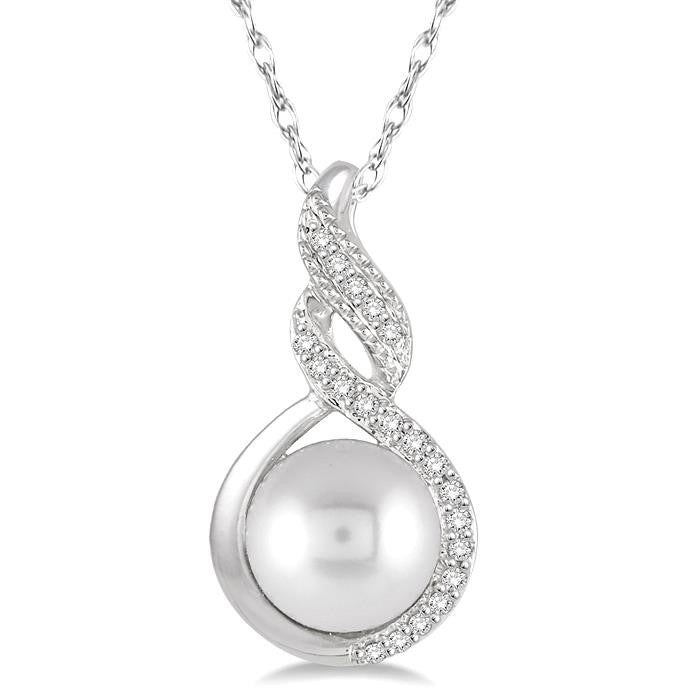 7 MM Round Shape Cultured Pearl and 1/20 Ctw Round Cut Diamond Twisted Accented Pendant in 10K White Gold with chain