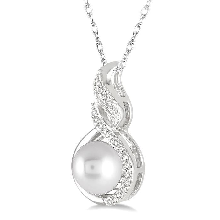 7 MM Round Shape Cultured Pearl and 1/20 Ctw Round Cut Diamond Twisted Accented Pendant in 10K White Gold with chain
