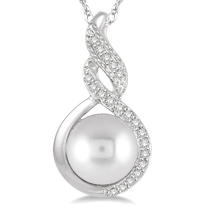 7 MM Round Shape Cultured Pearl and 1/20 Ctw Round Cut Diamond Twisted Accented Pendant in 10K White Gold with chain