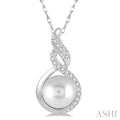 7 MM Round Shape Cultured Pearl and 1/20 Ctw Round Cut Diamond Twisted Accented Pendant in 10K White Gold with chain