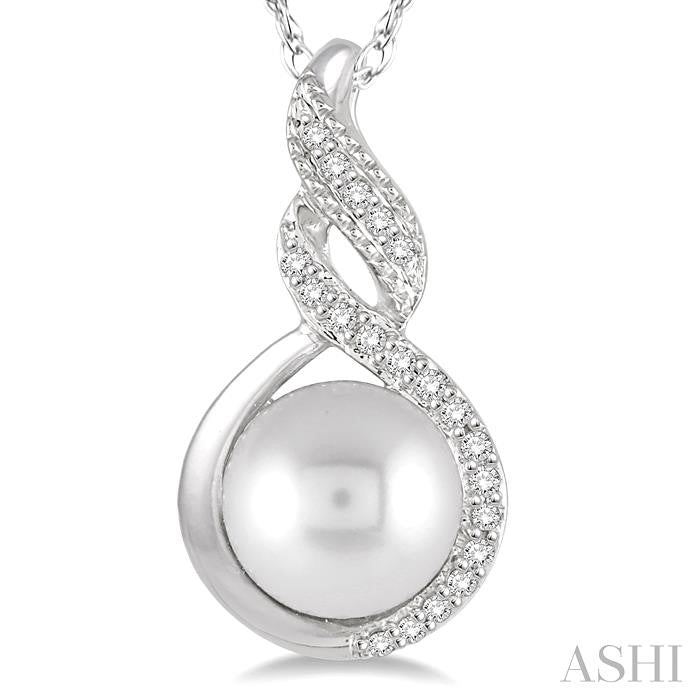 7 MM Round Shape Cultured Pearl and 1/20 Ctw Round Cut Diamond Twisted Accented Pendant in 10K White Gold with chain