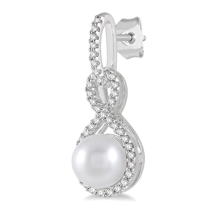6x6 MM Round Shape Cultured Pearl and 1/4 Ctw Twisted Loop Round Cut Diamond Earrings in 10K White Gold