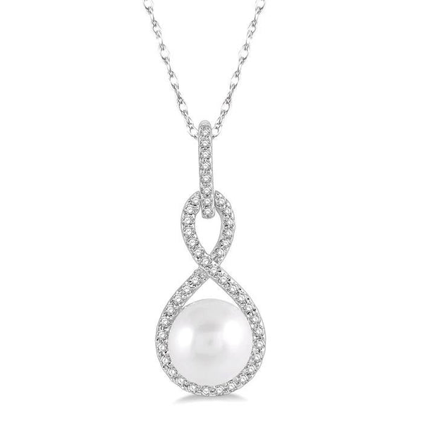 7x7 MM Round Shape Cultured Pearl and 1/6 Ctw Twisted Loop Round Cut Diamond Pendant With Chain in 10K White Gold