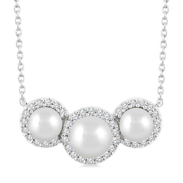5MM & 4MM Cultured Pearl and 1/6 Ctw Round Cut Diamond Halo Pendant With Chain in 14K White Gold