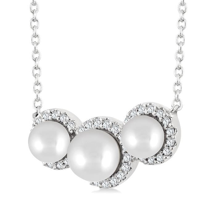 5MM & 4MM Cultured Pearl and 1/6 Ctw Round Cut Diamond Halo Pendant With Chain in 14K White Gold
