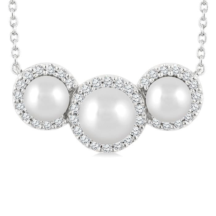 5MM & 4MM Cultured Pearl and 1/6 Ctw Round Cut Diamond Halo Pendant With Chain in 14K White Gold