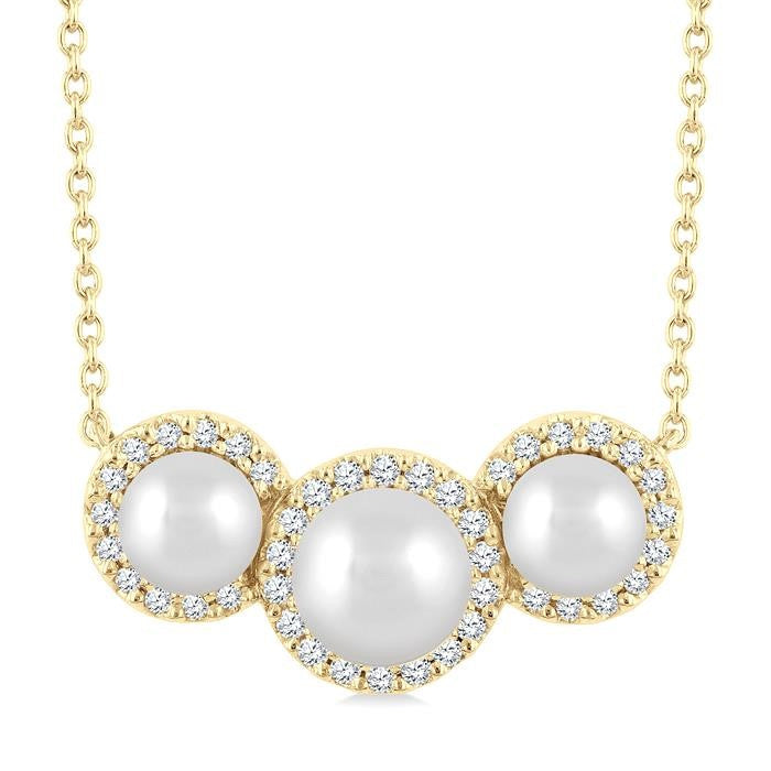 5MM & 4MM Cultured Pearl and 1/6 Ctw Round Cut Diamond Halo Pendant With Chain in 14K Yellow Gold