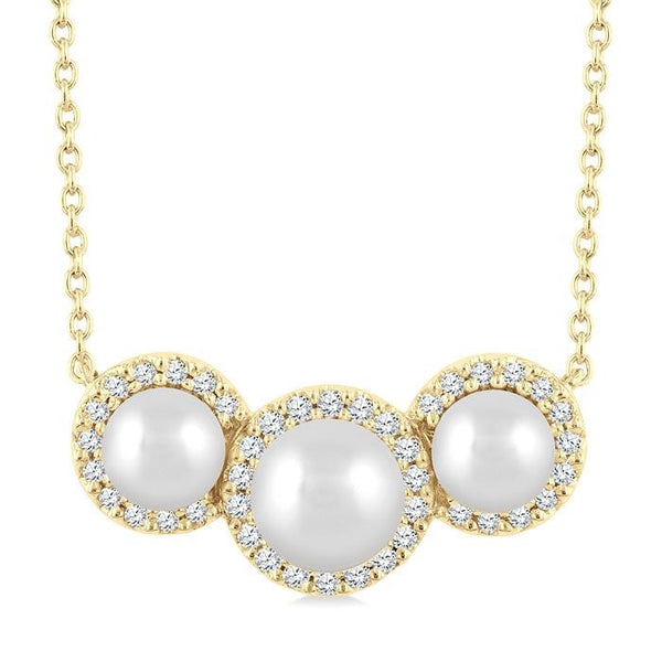 5MM & 4MM Cultured Pearl and 1/6 Ctw Round Cut Diamond Halo Pendant With Chain in 14K Yellow Gold