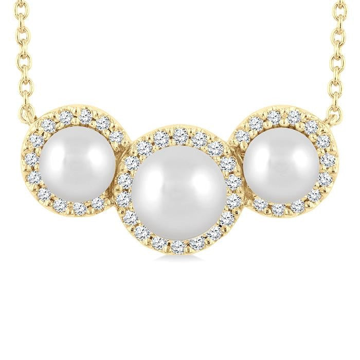 5MM & 4MM Cultured Pearl and 1/6 Ctw Round Cut Diamond Halo Pendant With Chain in 14K Yellow Gold