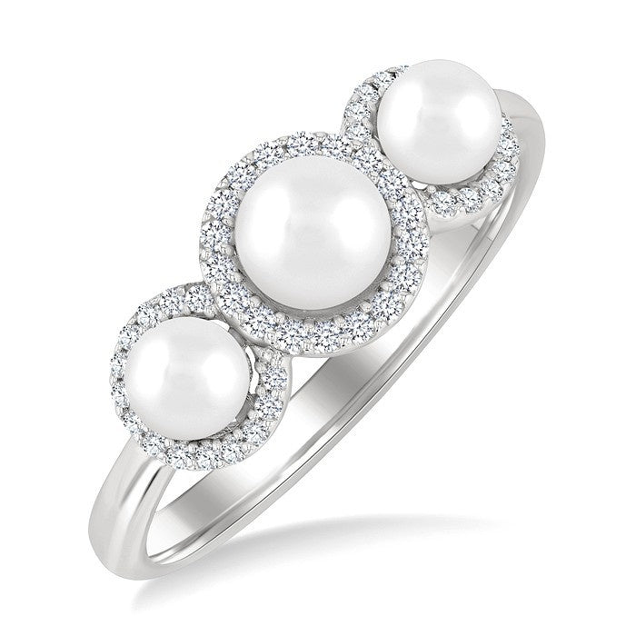 1/6 Ctw Past, Present & Future 4MM & 5MM Cultured Pearl and Round Cut Diamond Halo Ring in 14K White Gold