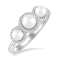 1/6 Ctw Past, Present & Future 4MM & 5MM Cultured Pearl and Round Cut Diamond Halo Ring in 14K White Gold