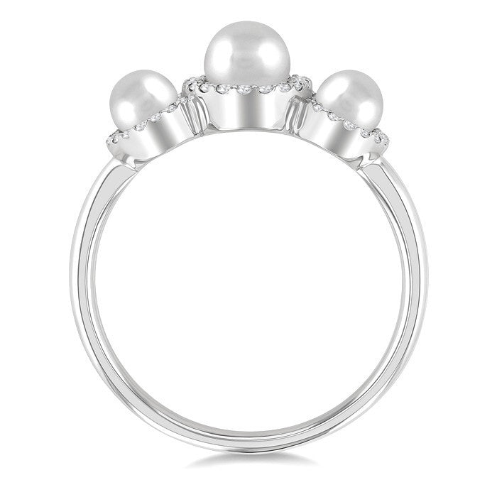 1/6 Ctw Past, Present & Future 4MM & 5MM Cultured Pearl and Round Cut Diamond Halo Ring in 14K White Gold